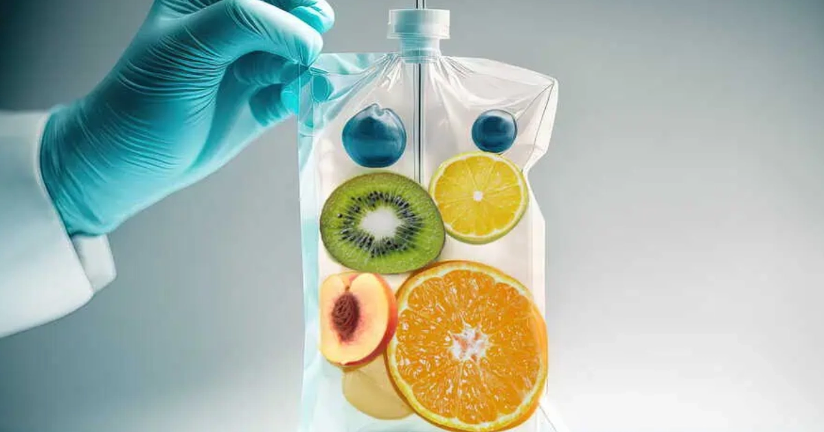 Myers' Cocktail IV Drip with fruits symbolizing vitamins and nutrients in Loveland, CO